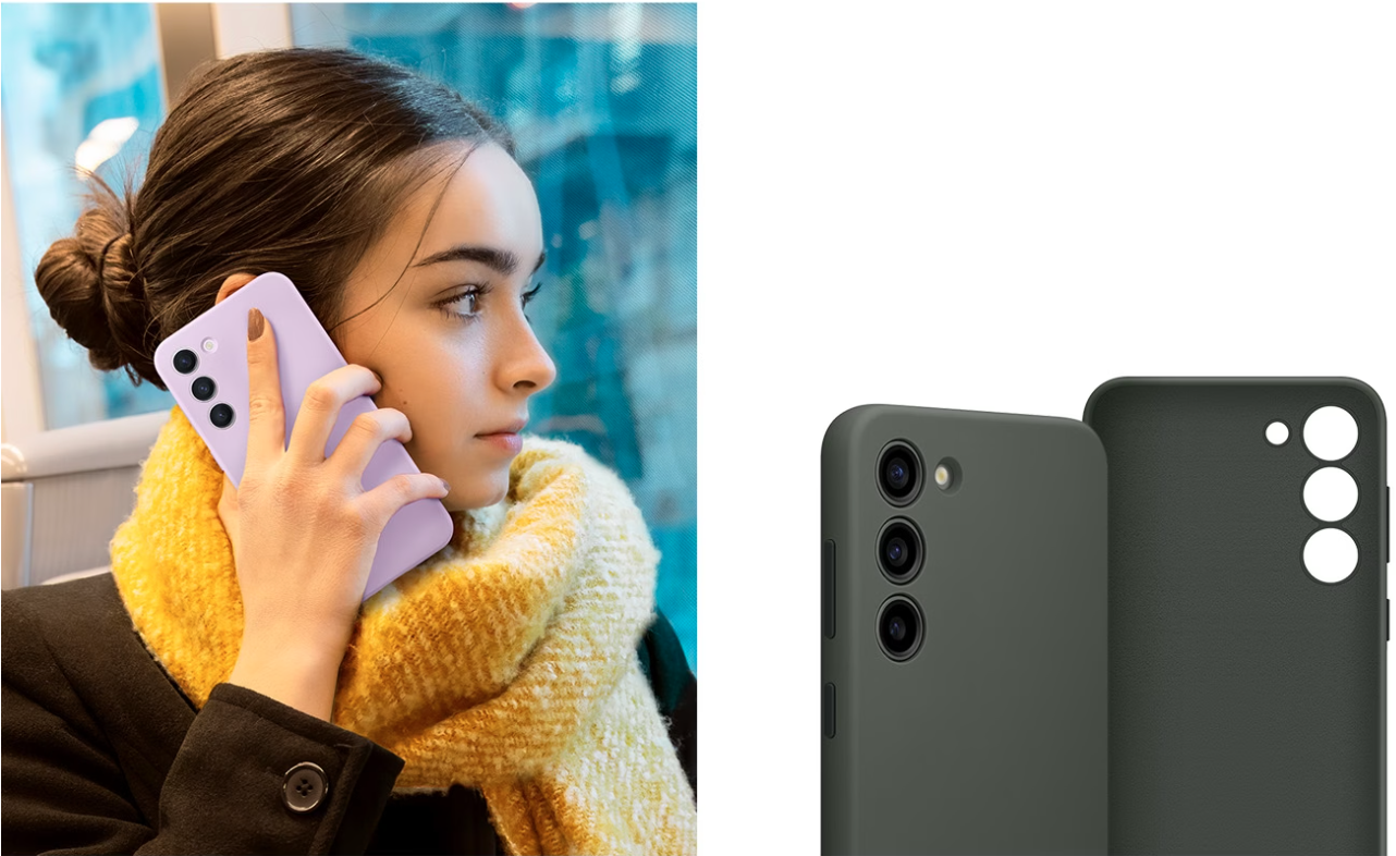A woman is comfortably holding a Galaxy S23+ phone wearing a Silicone Case close to her ear. A close-up of the inside and outside of the case is shown.